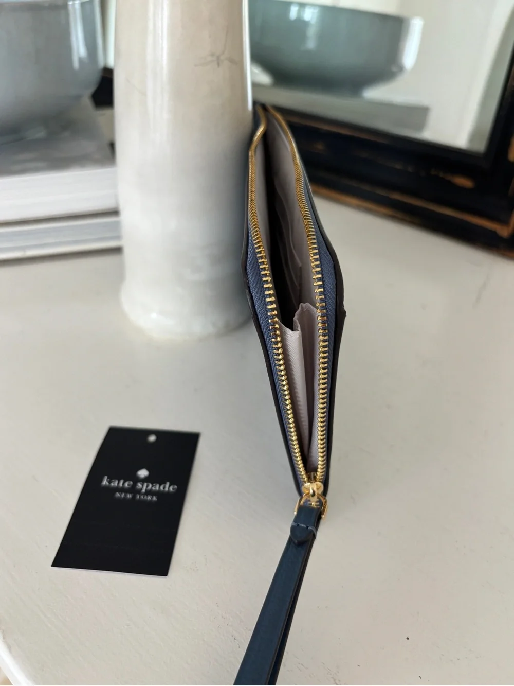 Kate Spade Lucy Refined Grain Leather Zip Wristlet Bluestone